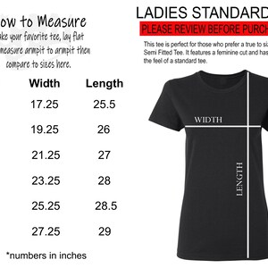 May include: A size chart for a women's standard tee, showing the width and length measurements in inches for sizes S through 3XL. The chart includes the text "LADIES STANDARD TEE" and "PLEASE REVIEW BEFORE PURCHASING".