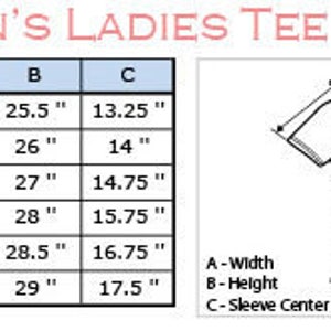 Puede incluir: Tabla de tallas para una camiseta de mujer Gildan, que muestra las medidas en pulgadas para el ancho, la altura y el centro de la espalda de la manga para las tallas S a 3XL.