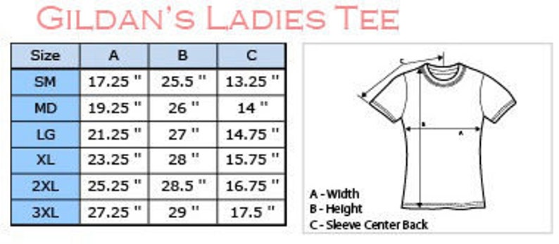 Puede incluir: Tabla de tallas para una camiseta de mujer Gildan, que muestra las medidas en pulgadas para el ancho, la altura y el centro de la espalda de la manga para las tallas S a 3XL.