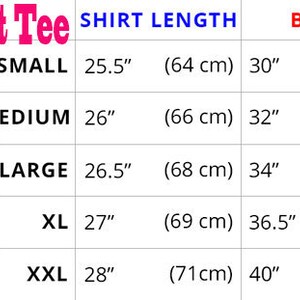 May include: Size chart for a women's t-shirt with measurements in inches and centimeters. The chart shows the shirt length, bust, and sleeve length for sizes small, medium, large, XL, and XXL.