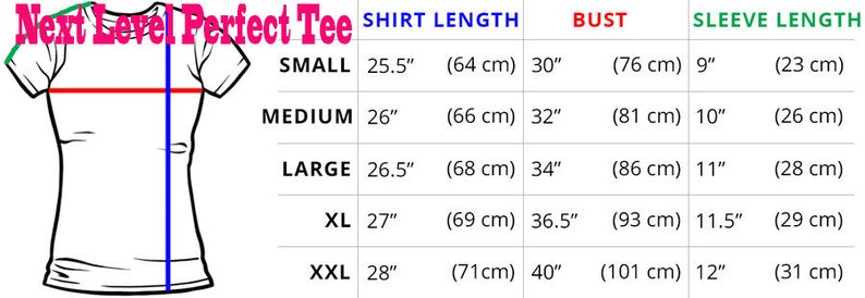 May include: Size chart for a women's t-shirt with measurements in inches and centimeters. The chart shows the shirt length, bust, and sleeve length for sizes small, medium, large, XL, and XXL.