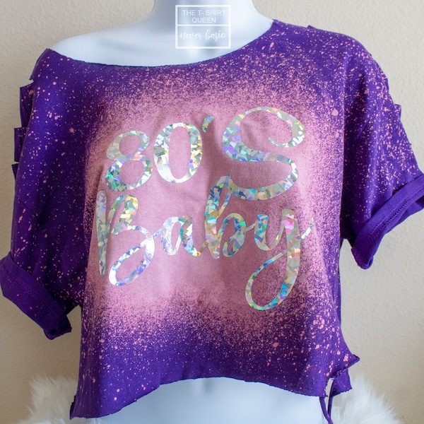 Purple 80s Baby Crop Top, 80s Party Shirt, Bleached Distressed 80's Shirt,  Hip Hop 80's Baby, Vintage Style T-Shirt, Summer Crop Top