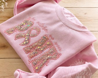 In October We Wear Pink Sweatshirt, Breast Cancer Awareness Sweatshirt, Pink Ribbon Sequin Applique, Embroidered Pink Crewneck