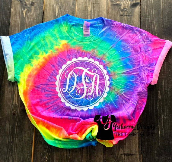 Monogram Tie Shirt Neon Rainbow Tie Dye Shirt Personalized | Etsy