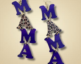 Mama Earrings, Purple with Leopard Print, Laser Cut and Hand painted