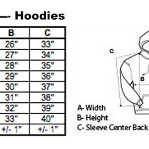 May include: A size chart for hoodies with measurements in inches for width, height, and sleeve center back. The chart includes sizes from small to 5XL.