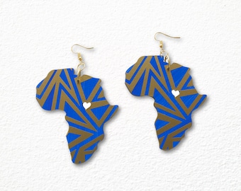 Geometric Print Africa Shaped Earrings, Africa Earrings with heart, Royal Blue and Gold Africa Earrings