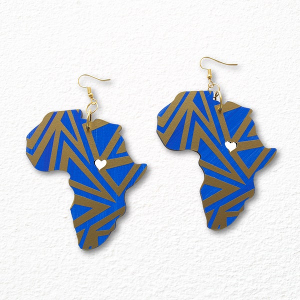 Boucles d'oreilles en forme d'Afrique à imprimé géométrique, Boucles d'oreilles Afrique avec coeur, Boucles d'oreilles Afrique bleu royal et or