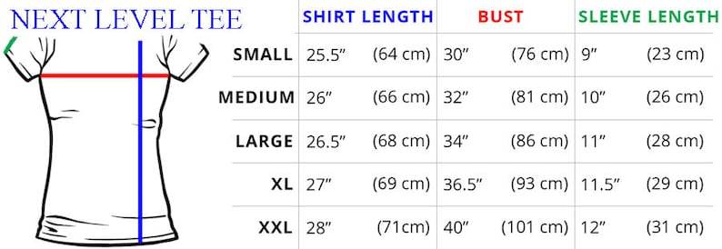 May include: A size chart for a t-shirt with measurements in inches and centimeters. The chart shows the shirt length, bust, and sleeve length for sizes small, medium, large, XL, and XXL.