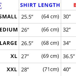 Puede incluir: Una tabla de tallas para una camiseta con medidas en pulgadas y cent&iacute;metros. La tabla muestra la longitud de la camiseta, el pecho y la longitud de la manga para las tallas S, M, L, XL y XXL.