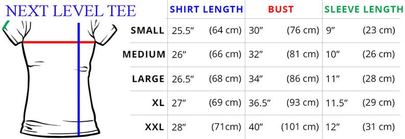 Puede incluir: Una tabla de tallas para una camiseta con medidas en pulgadas y cent&iacute;metros. La tabla muestra la longitud de la camiseta, el pecho y la longitud de la manga para las tallas S, M, L, XL y XXL.