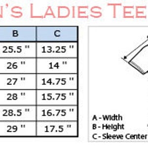 May include: A size chart for a women's tee shirt with measurements in inches. The chart shows the size, width, height, and sleeve center back measurements for sizes small through 3XL.