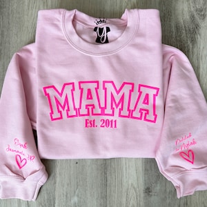 Personalized Mama Sweatshirt with Kid Names on Sleeve, Mothers Day Gift, Birthday Gift for Mom, New Mom Gift, Minimalist Cool Mom Sweater