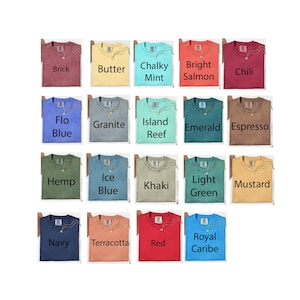 Op de afbeelding: Een raster van negentien t-shirts in verschillende kleuren, elk gelabeld met de specifieke kleurnaam: Brick, Butter, Chalky Mint, Bright Salmon, Chili, Flo Blue, Granite, Island Reef, Emerald, Espresso, Hemp, Ice Blue, Khaki, Light Green, Mustard, Navy, Terracotta, Red en Royal Caribe.