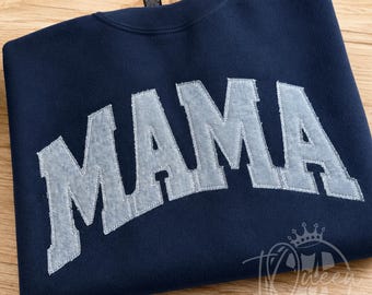 MAMA Distressed Denim Applique Sweatshirt, Embroidered Mama Crewneck, Denim Mama Sweatshirt, Trendy Mom Shirt, Mothers Day Gift