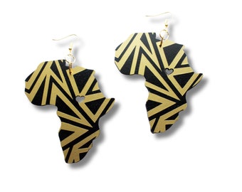 Geometric Print Africa Shaped Earrings, Africa Earrings with heart, Black and Gold Africa Earrings