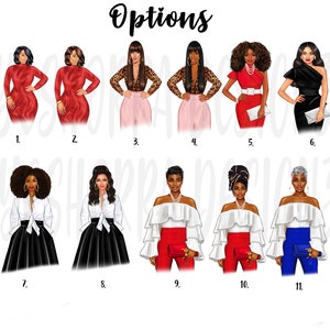 Pode incluir: Onze ilustra&ccedil;&otilde;es diferentes de mulheres em v&aacute;rias roupas. As mulheres est&atilde;o vestindo vestidos, macac&otilde;es e blusas. As ilustra&ccedil;&otilde;es s&atilde;o em estilo de desenho animado e s&atilde;o coloridas.