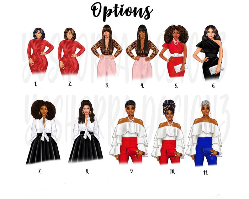 Pode incluir: Onze ilustra&ccedil;&otilde;es diferentes de mulheres em v&aacute;rias roupas. As mulheres est&atilde;o vestindo vestidos, macac&otilde;es e blusas. As ilustra&ccedil;&otilde;es s&atilde;o em estilo de desenho animado e s&atilde;o coloridas.