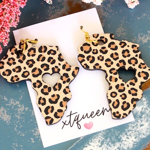Leopard Print Africa Shaped Earrings, Africa Earrings with heart