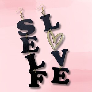 Self Love Earrings, Black with Glitter Heart, Wood Earrings, Dangle Earrings, Laser Cut and Hand painted image 2