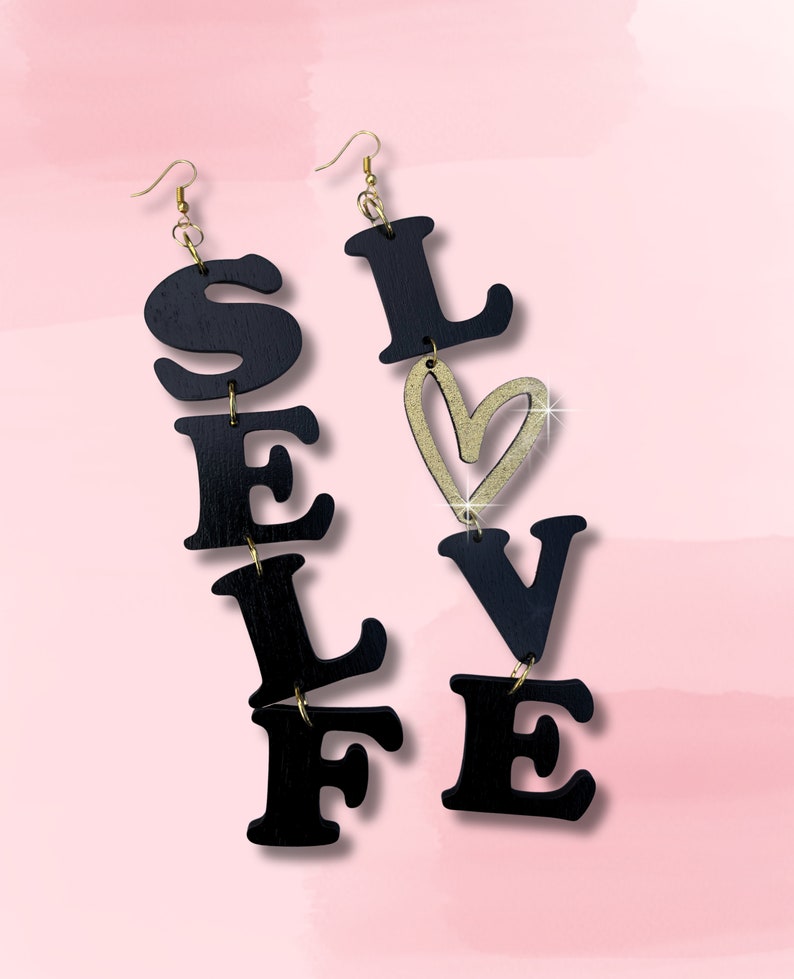 Self Love Earrings, Black with Glitter Heart, Wood Earrings, Dangle Earrings, Laser Cut and Hand painted image 2