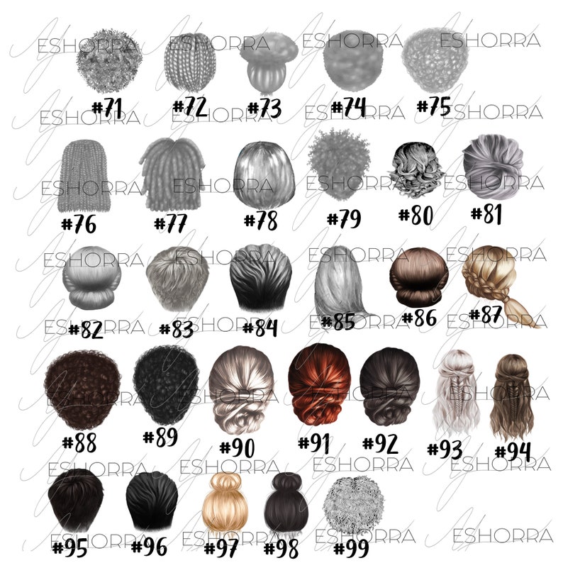 Puede incluir: Un conjunto de 99 peinados diferentes, cada uno numerado y mostrado en una vista posterior. Los peinados est&aacute;n dibujados en un estilo de dibujos animados y presentan una variedad de colores de cabello, longitudes y estilos.