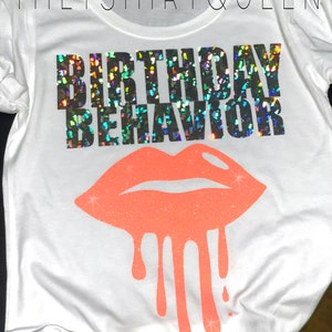 Chemise d&#39;anniversaire, chemise de comportement d&#39;anniversaire, chemise d&#39;anniversaire holographique, chemise d&#39;anniversaire de lèvre, chemise d&#39;anniversaire de paillettes, chemise unique de fille d&#39;anniversaire