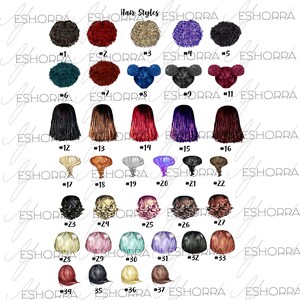 Puede incluir: Un gr&aacute;fico de 37 peinados diferentes, numerados del 1 al 37. Cada peinado es de un color y estilo diferente, incluyendo trenzas, rizos y cabello liso.
