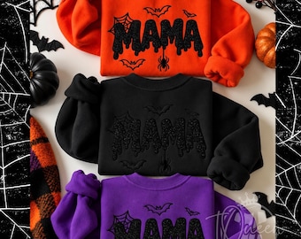 Halloween Mama Sweatshirt, Black Glitter Applique Embroidered Sweatshirt, Spooky Mama Shirt, Halloween Mom Crewneck, Bat Spider Web