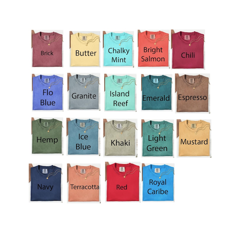 Puede incluir: Una cuadr&iacute;cula de diecinueve camisetas de varios colores, cada una etiquetada con su nombre de color espec&iacute;fico: Brick, Butter, Chalky Mint, Bright Salmon, Chili, Flo Blue, Granite, Island Reef, Emerald, Espresso, Hemp, Ice Blue, Khaki, Light Green, Mustard, Navy, Terracotta, Red y Royal Caribe.