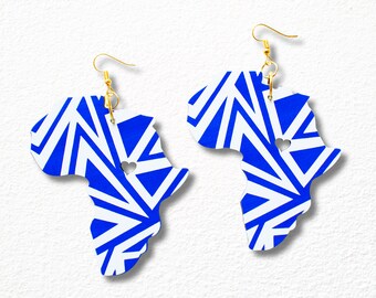 Geometric Print Africa Shaped Earrings, Africa Earrings with heart, Royal Blue and White Africa Earrings