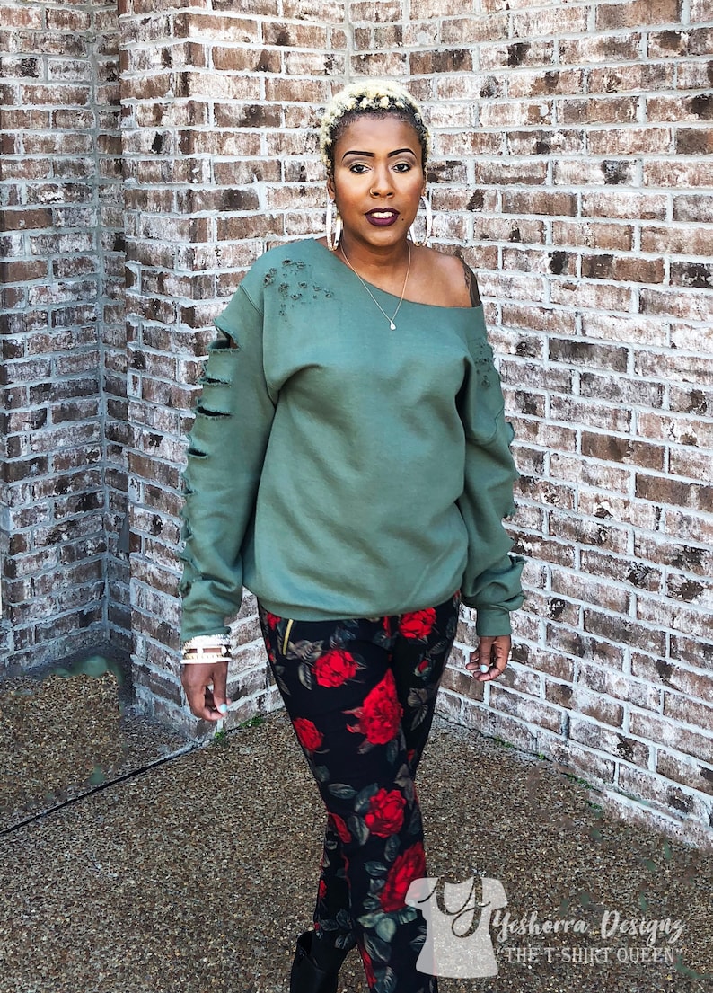 Ladies Distressed Sweatshirt, Military Green Sweatshirt, Multiple Colors Available, Off The Shoulder Raw Edge Collar, Ripped Sweatshirt image 2