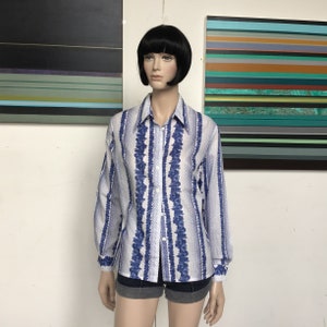 70s - Fresh COTTON - Blue and White - WINGED Collar BLOUSE - UK14