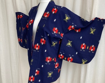 Vintage JAPANESE - HAORI Jacket - IKAT Kimono - Deep Blue - Nature Print- Traditional Construction