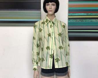 70s - Spring GREEN - Striped - FLORAL - Funky - BLOUSE - UK14