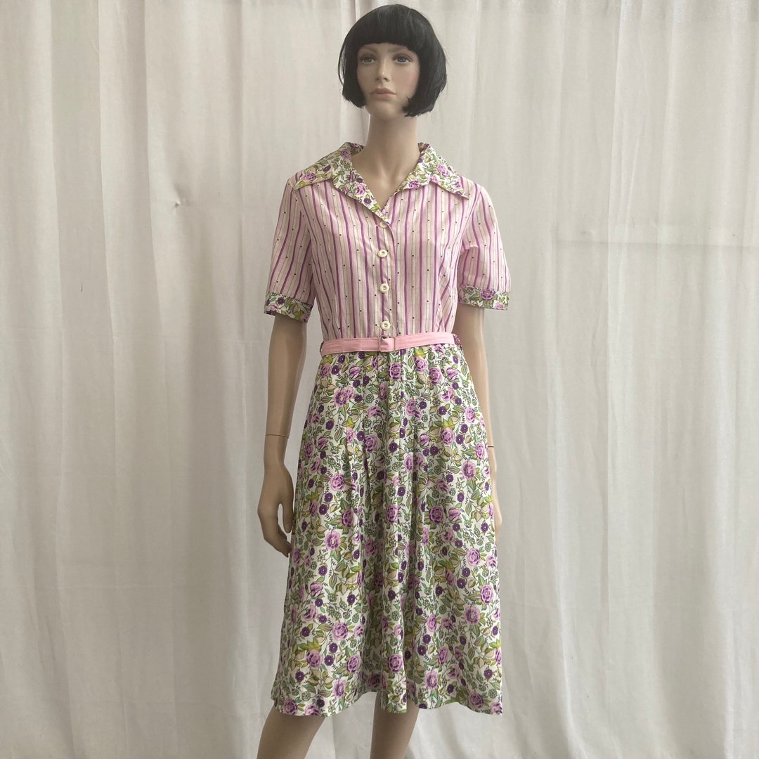 70s COTTON Shirtwaist Dress DAGGER Collars Pink Puple Stripe and — free download