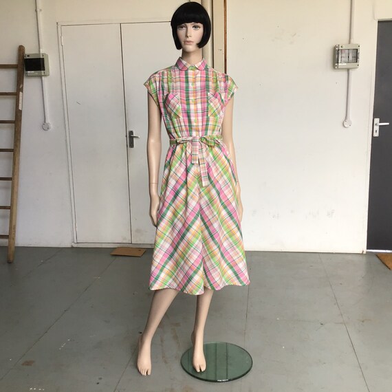 70s - TABLECLOTH CHECK dress - Cute Plaid - Cotton