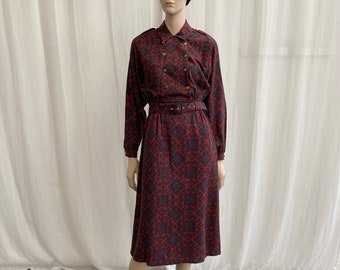 80s - Cotton Twill - Long Sleeve - Mandala Print - Midi DRESS UK12