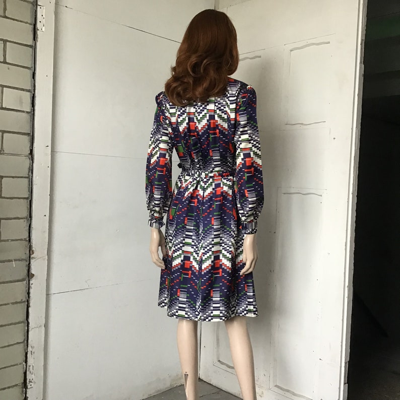 PUSSY BOW 1970s Vintage dress Satin twill secretary dress Berbright GEOMETRIC patterned
