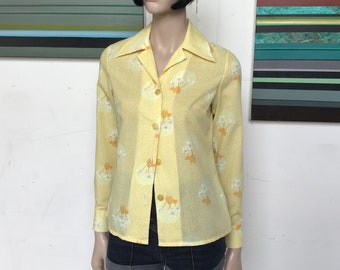 70s - SUNSHINE Yellow - WINGED Collar - Vintage BLOUSE - UK8