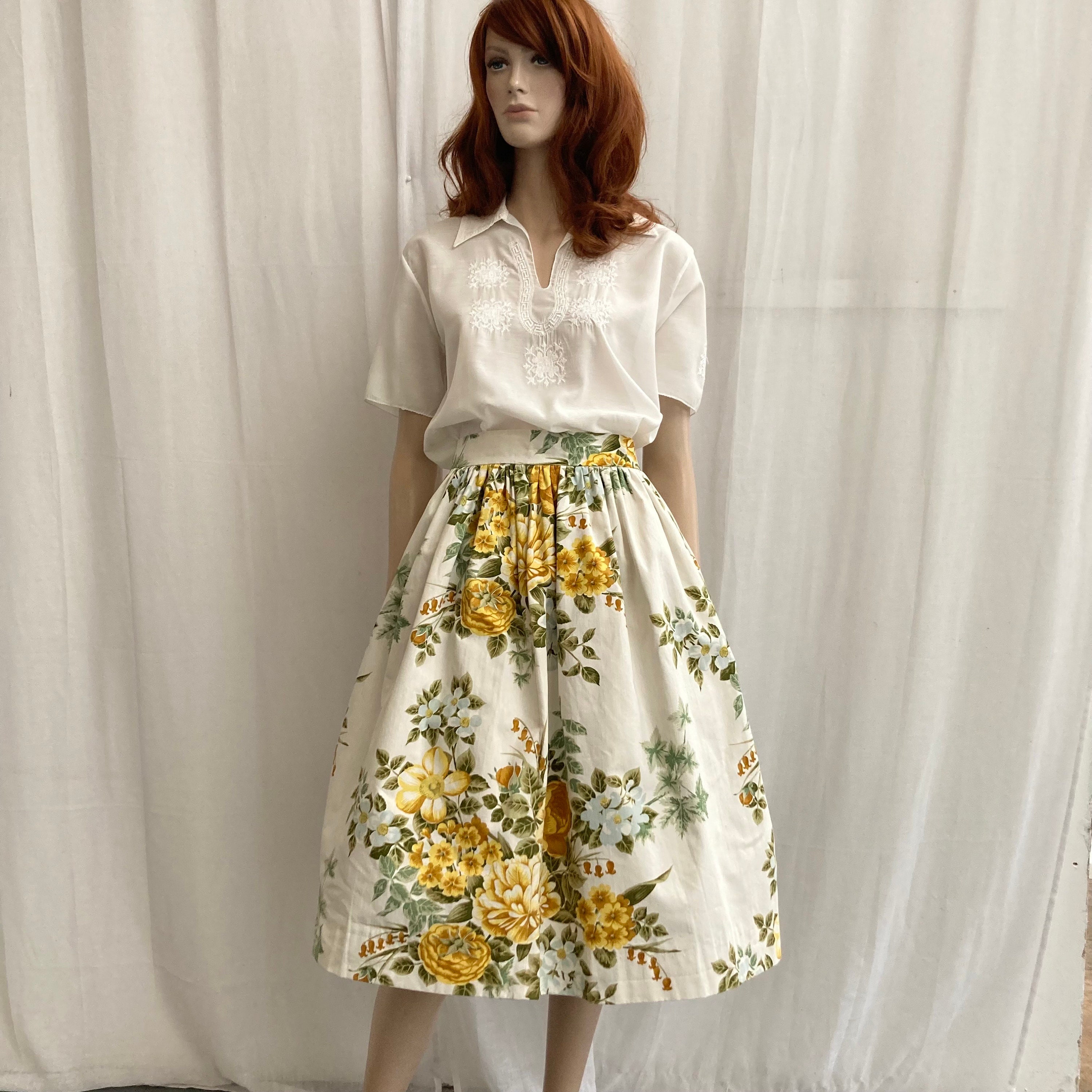 Cotton DIRNDL Skirt 50s Vintage Fabric Bold FLORAL Print UK14