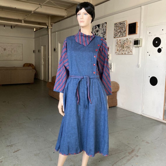 80s - Cotton Chambray - Popper Bodice - Batwing Dress - Utility Inspired -  UK14 - Etsy