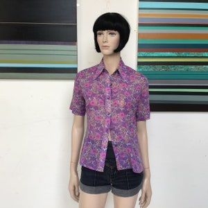 70s - PURPLE Floral - GAUZY Cotton - Short Sleeved - Summer Blouse - UK12