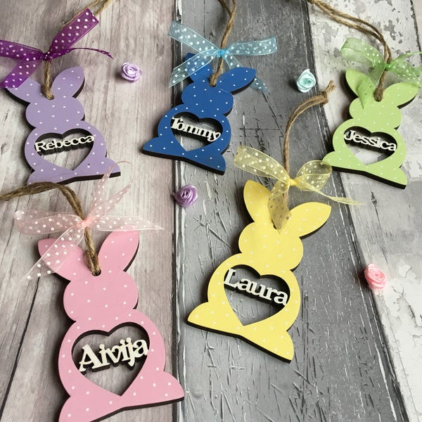 Easter decorations, Personalised Easter bunny tags, wooden tags, easter decorations, polka dots, rabbit, easter gifts, Easter basket