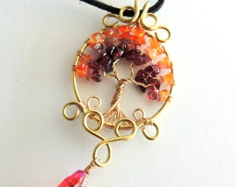 Carnelian Garnet Pink Tourmaline Red Aura Quartz Tree of Life Pendant