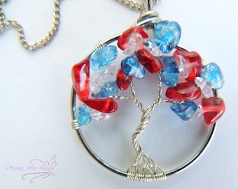 Red White and Blue Clear Quartz Glass Tree of Life Pendant