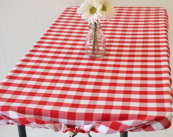 Red & White TableSnugg The Original Drawstring Tablecloth to secure your picnic from a windy day -