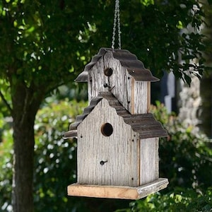 Large Rustic Reclaimed Wooden Bird House, Unique Farmhouse Decor Outside, Unique Rustic Garden Decor, Metal Roof 2 Story Double Birdhouse
