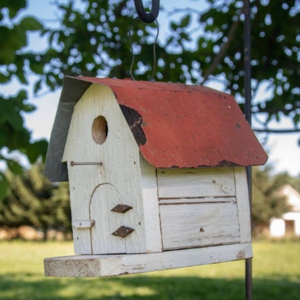 Rustic Reclaimed Wood and metal Barn Birdhouse, wren, titmice and chickadee house, Amish Made in the USA (SM33)