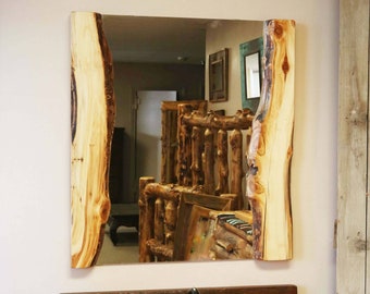 Enhance your home decor with this custom reclaimed Aspen live edge wall mirror, unique wooden wall art with antique-inspired charm